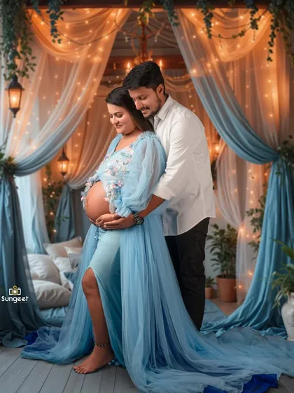 An intimate pose within our dreamy blue fairytale setup. The husband-to-be gently holds the baby bump, creating a tender and loving portrait.