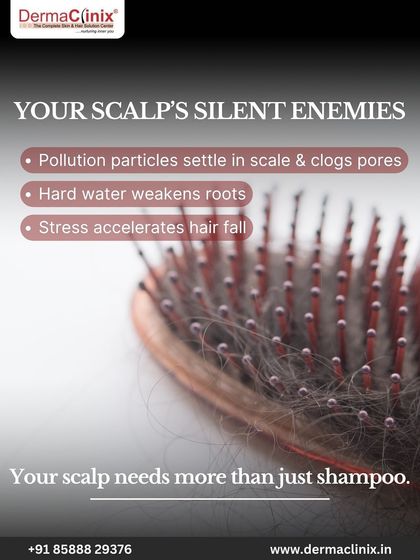 This graphic details your scalp's silent enemies in the city. Pollution clogs pores, hard water weakens roots, and stress accelerates hair fall. Your scalp needs more than just shampoo.