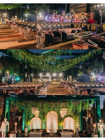 A collage of the enchanted forest Sangeet decor. It shows the grand scale of the seating arrangement, the stage setup, and the intricate details of the overhead decor.