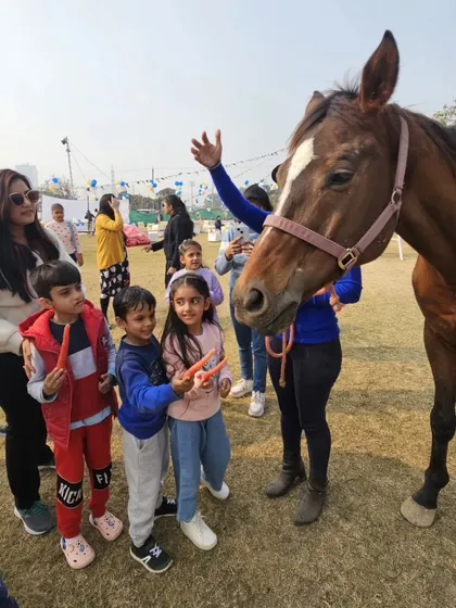 Children gather to feed carrots to one of our friendly horses. It's a fun and safe way for them to interact and learn.
