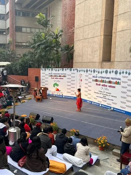 A wide shot of the performance at the Delhi Literature Festival. Performing in an open-air amphitheater creates a unique connection with the audience, and I am grateful for their warm reception on a chilly Delhi afternoon.