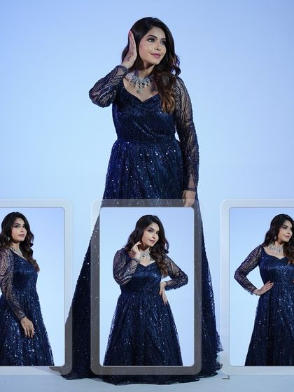 A collage of the midnight blue gown, showing how it looks from every angle. This is your chance to have a true red carpet moment.
