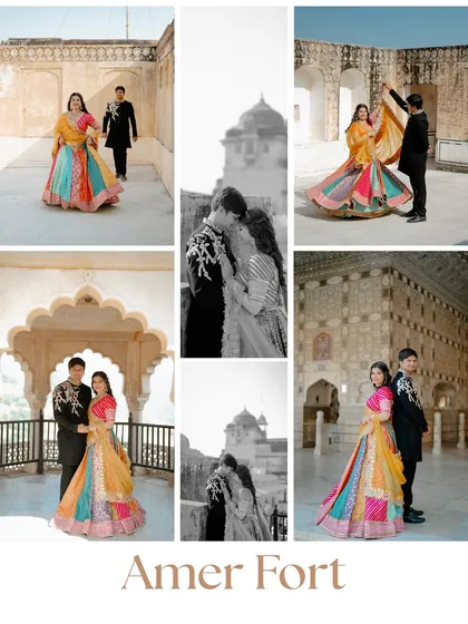 More moments from Shekar and Shreyarani's Amer Fort shoot, combining full-length shots with romantic close-ups, some in black and white for artistic effect.