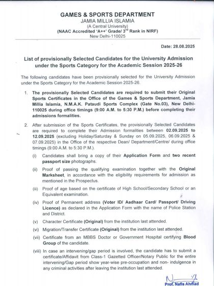 Once you are provisionally selected, these are the next steps. This notice details the document submission process, including original sports certificates, application forms, and passport-size photographs.