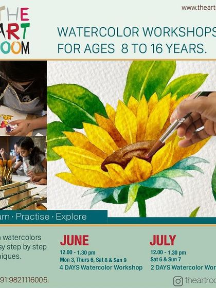 Our watercolor workshop flyer for ages 8 to 16. Learn various techniques with easy step-by-step instructions during our June and July sessions.