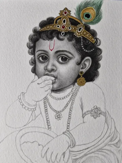 A work-in-progress sketch of Little Krishna, with hints of color on his crown and peacock feather. This shows how I build up layers and detail.