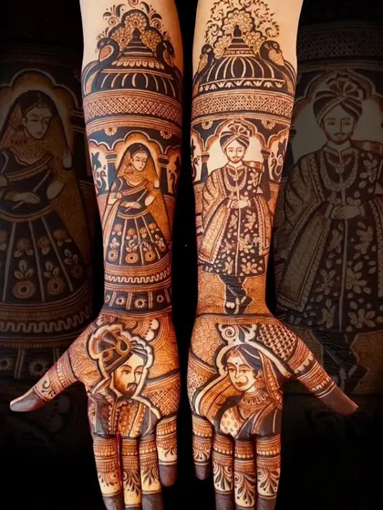 This design features full-figure portraits of a bride and groom in royal attire, covering the entire forearm.