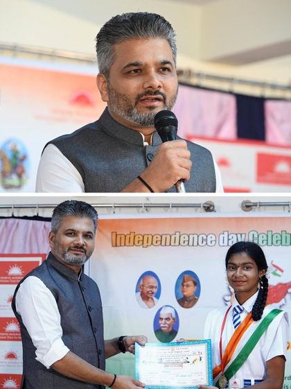 Presenting an award to a student at the Samarthanam Trust for the Disabled during their Independence Day celebration. Recognizing and encouraging the talents of every child is crucial for building an inclusive society.