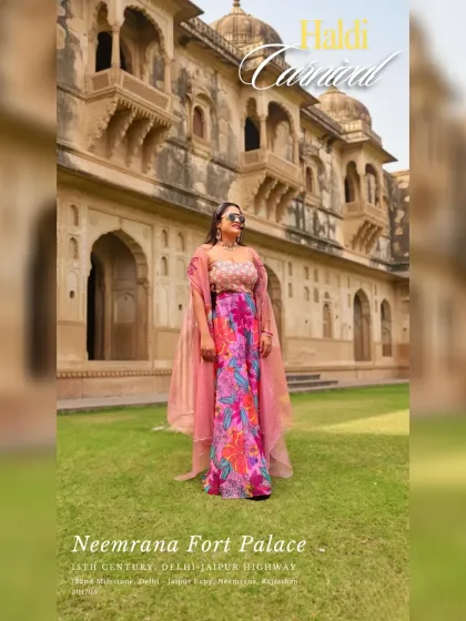 A daytime Haldi carnival against the royal backdrop of Neemrana Fort Palace. The contrast of the colorful event with the historic stone fort was simply breathtaking.