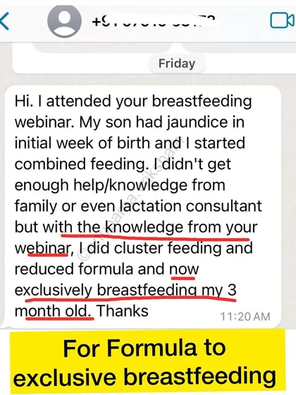 This message from a mother makes me so happy. She was struggling with combined feeding but learned about cluster feeding in my webinar and is now exclusively breastfeeding her baby. The right knowledge gives you the confidence to trust your body and nourish your child.