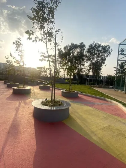 An identical image of the colorful plaza at sunset.