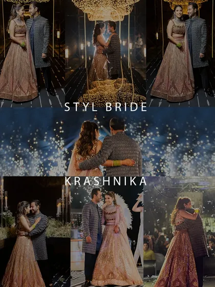 A collage of moments from Krashnika's Sangeet. From her grand entrance to romantic portraits, her sparkling lehenga was the star of the show.