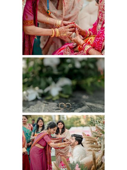 A collage of detailed shots from the wedding, including the rings and traditional rituals, highlighting the small moments that matter.
