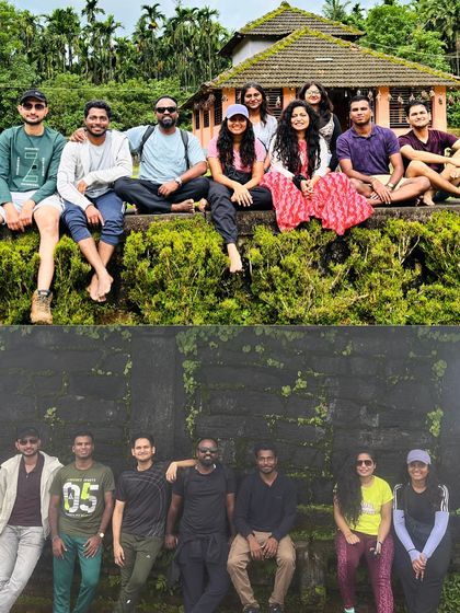 Travelers relaxing on moss-covered walls and ancient stone structures during the Kodachadri trek.