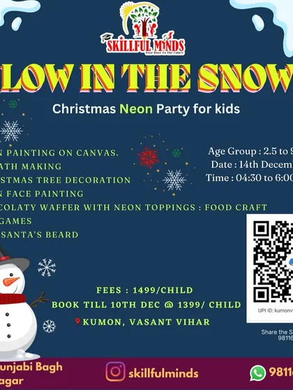 Announcing our "Glow in the Snow" Christmas Neon Party at Vasant Vihar. This workshop includes wreath making, neon food craft, and other glowing activities for a unique celebration.