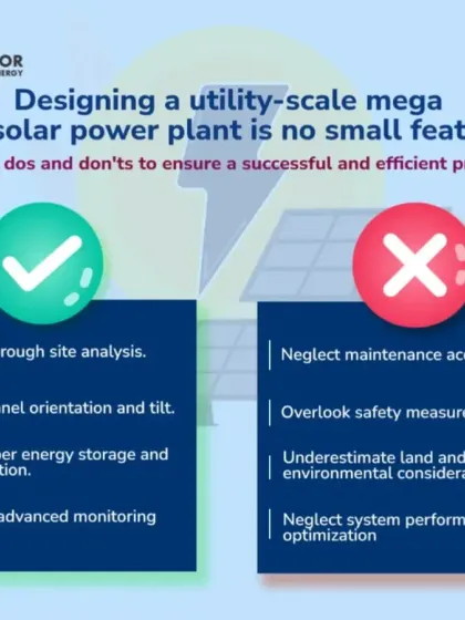 Designing a utility-scale mega solar power plant is a complex feat. This graphic outlines the essential Do's, like conducting thorough site analysis, and Don'ts, like neglecting maintenance access or safety measures.