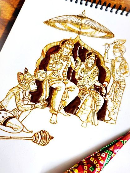 The completed Ram Darbar sketch in henna, a piece I created for Ram Navami, showing Lord Ram, Sita, Lakshman, and Hanuman.