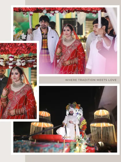 "Where tradition meets love." This collage captures various wedding day rituals, including the bride's entry and the groom's arrival, telling a story of the day's events.