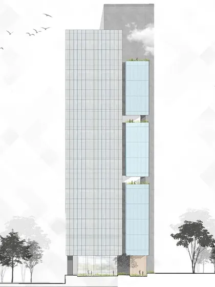 An elevation drawing of our commercial building concept, showing the clean lines and balanced composition of glazed and solid surfaces. The design aims to create a transparent, light-filled structure that inspires the future of work.