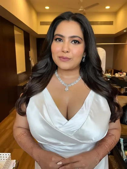 A close-up of the bride's beautiful smile. The muted lip color is the perfect finishing touch to this elegant white wedding look.
