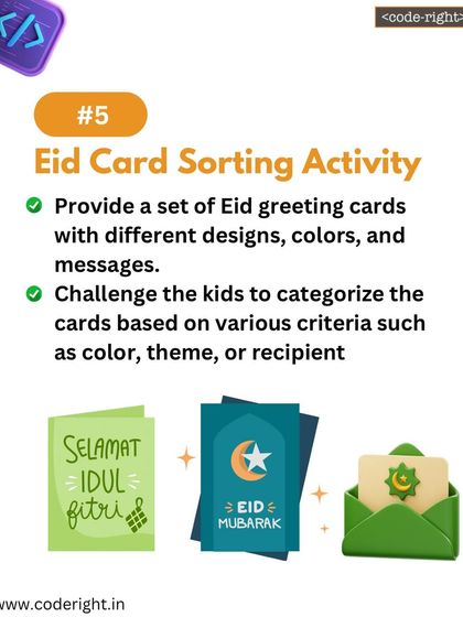 This Eid card sorting activity is a hands-on lesson in data classification. Kids categorize cards based on different criteria like color, theme, or message, which is a fundamental skill in data science.