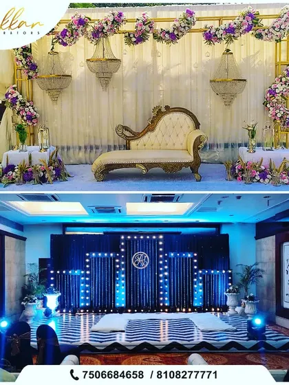 A collage of two different evening event setups. One is a romantic outdoor stage with purple flowers and chandeliers, while the other is a modern indoor stage with dramatic blue lighting.