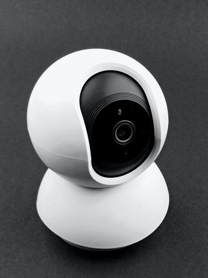 A sleek and modern 360-degree Wi-Fi camera. These are perfect for monitoring kids, pets, or your main living area.