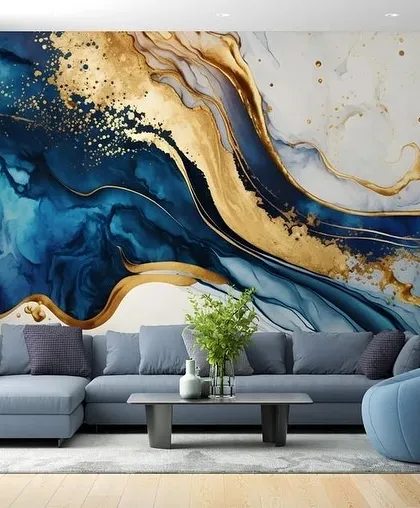 This vibrant wallpaper features an abstract design of blue and gold liquid art, creating a dynamic and luxurious statement wall.