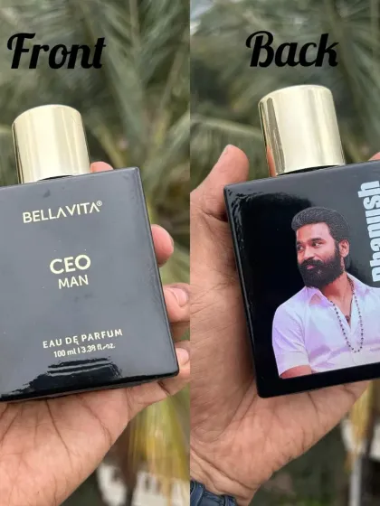 This image shows the front and back of a personalized Bella Vita CEO Man perfume. I can print the original branding on one side and your custom photo and name on the other.