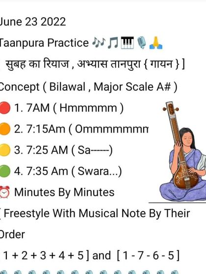 This is a page from my personal research on Tanpura vocal 'riyaz' (practice). It outlines a minute-by-minute morning practice schedule, a concept from my upcoming book '1008 days of Sur-Sadhna,' showing our commitment to deep musical research.
