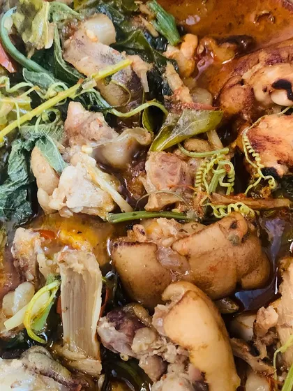 The beautiful textures of the pig trotter curry with pumpkin shoots.