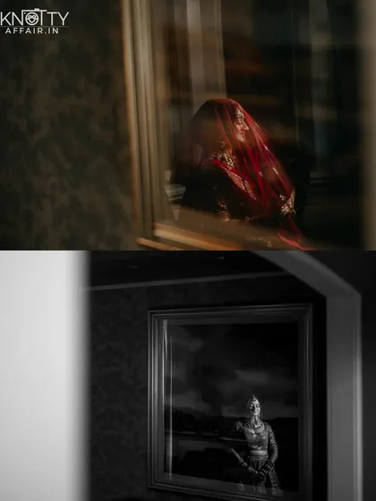 An artistic and creative set of bridal portraits. The top image captures a reflection of the bride, while the bottom shows a framed picture of her, playing with layers and perspectives to create a unique visual story.