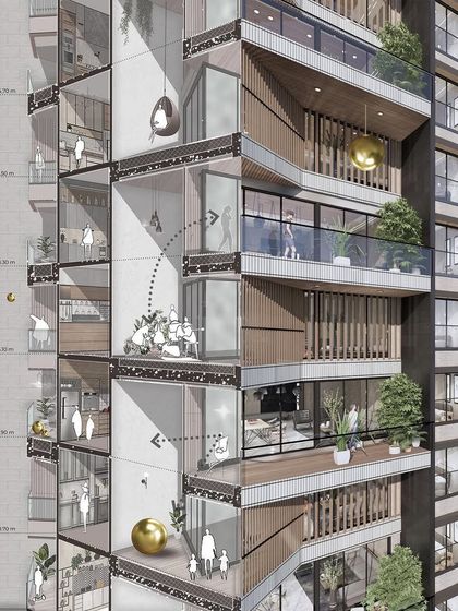 Our upcoming luxury residential project in New Bombay features double-height balconies, offering a new way of experiencing luxury. This rendering celebrates the life and activity within the building, from the ground floor to the penthouse.