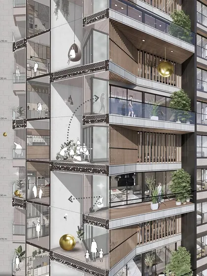 A render of an upcoming luxury residential project in New Bombay. The design features double-height balconies, offering a new way to experience luxury living with expansive vertical space.