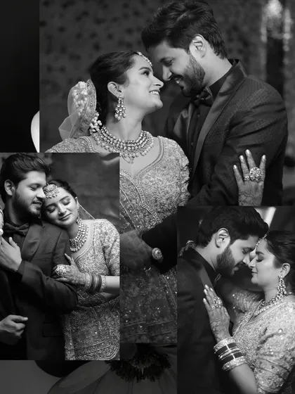 This black and white collage shows a series of intimate moments between the couple during their reception. It tells a story of their love through gentle touches, shared glances, and warm embraces.