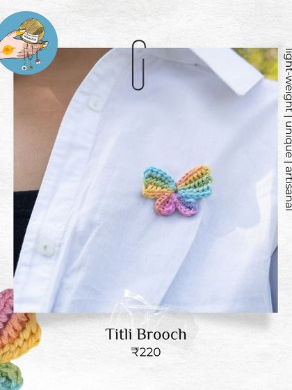The 'Titli' brooch in my bestselling multi-color pastel yarn. Pin it on a crisp white shirt for an instant pop of color and fun.