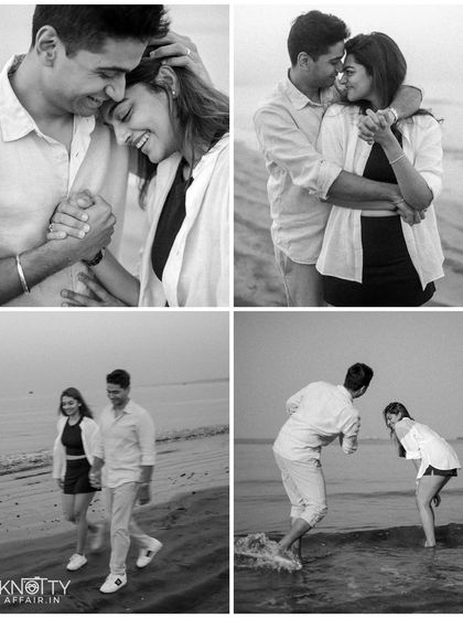 A collection of black and white moments from their beach shoot. Monochrome brings out the emotion and texture, from a tender embrace to playful splashes in the water.
