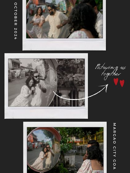 A creative collage using Polaroid frames and a convex mirror to capture fun, distorted reflections of the couple exploring the streets of Margao, Goa.