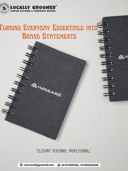 We turn everyday essentials into brand statements. These elegant spiral-bound notebooks with a textured cover were customized for 42Gears, featuring their logo in a clean, professional print.