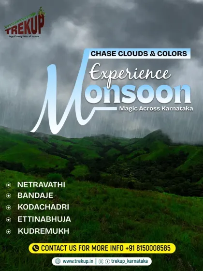 A graphic listing our top monsoon treks in Karnataka, including Netravathi, Bandaje, Kodachadri, Ettinabhuja, and Kudremukh.