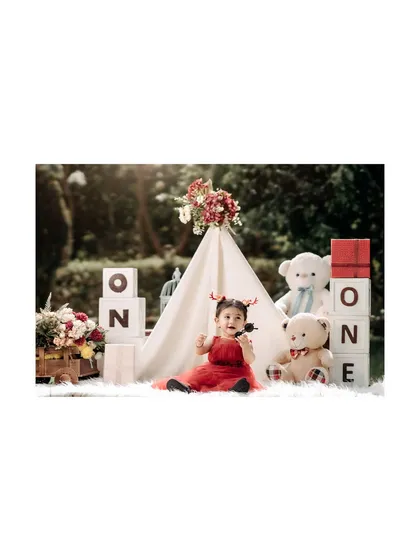 Celebrating one year of sweetness. This little girl in her red dress and reindeer antlers is the star of her outdoor birthday photoshoot.