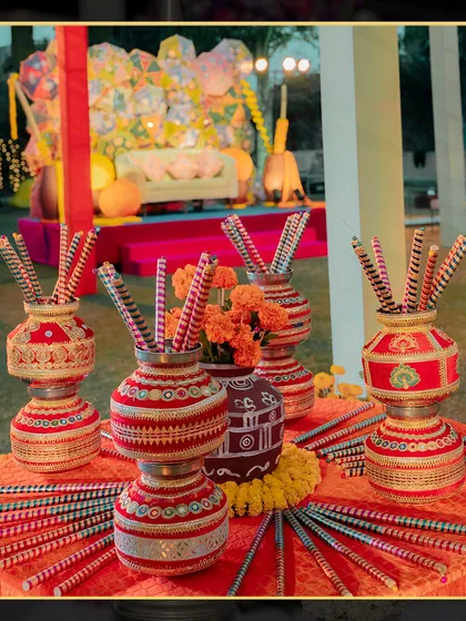 Details from the Dandiya Raas. We provided beautifully decorated dandiya sticks in traditional matkas, adding an authentic touch to the celebration.