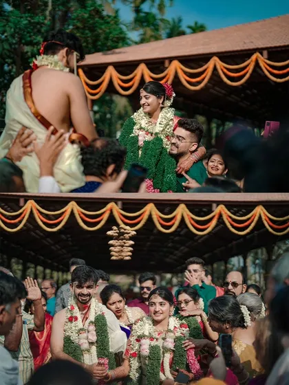 A collage capturing the fun and energy of the Kashi Yatra, where the groom is playfully lifted by his family, and the happy couple's first moments together at the mandap.