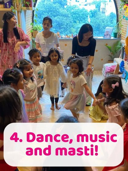 A group of girls dancing and playing together. Music and movement are a big part of the social fun at Tugbug.