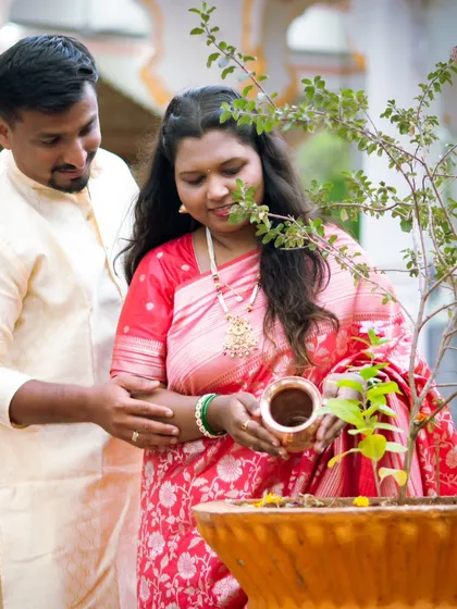 A quiet moment of tradition during a Maharashtrian pre-wedding shoot. The couple is seen watering a sacred Tulsi plant, a beautiful symbol of their new beginning. I work with you to incorporate cultural elements that are meaningful to your story.