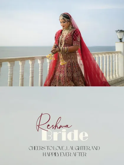 A beautiful bridal portrait with a graphic overlay. This shot of the bride on a balcony overlooking the sea is enhanced to create a magazine cover feel.
