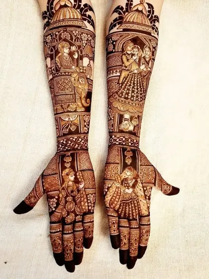 This design features a bride in her doli on an elephant, a classic royal theme. The palms show the bride's portrait, creating a cohesive story.