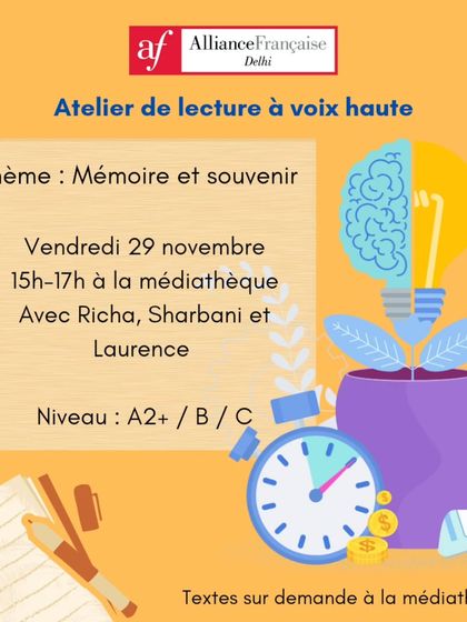 An announcement for our 'Atelier de lecture à voix haute' (read-aloud workshop). This session helps A2+ and B/C level students improve their pronunciation and confidence by reading texts on memory and souvenirs.