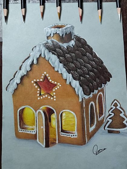 A colored pencil drawing of a gingerbread house, complete with icing snow and a glowing interior.