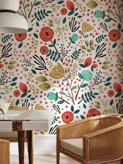This vibrant floral wallpaper brings life and color to a dining area, proving that bold patterns can create a joyful and inviting atmosphere. It’s a perfect example of how our designs can personalize your space.